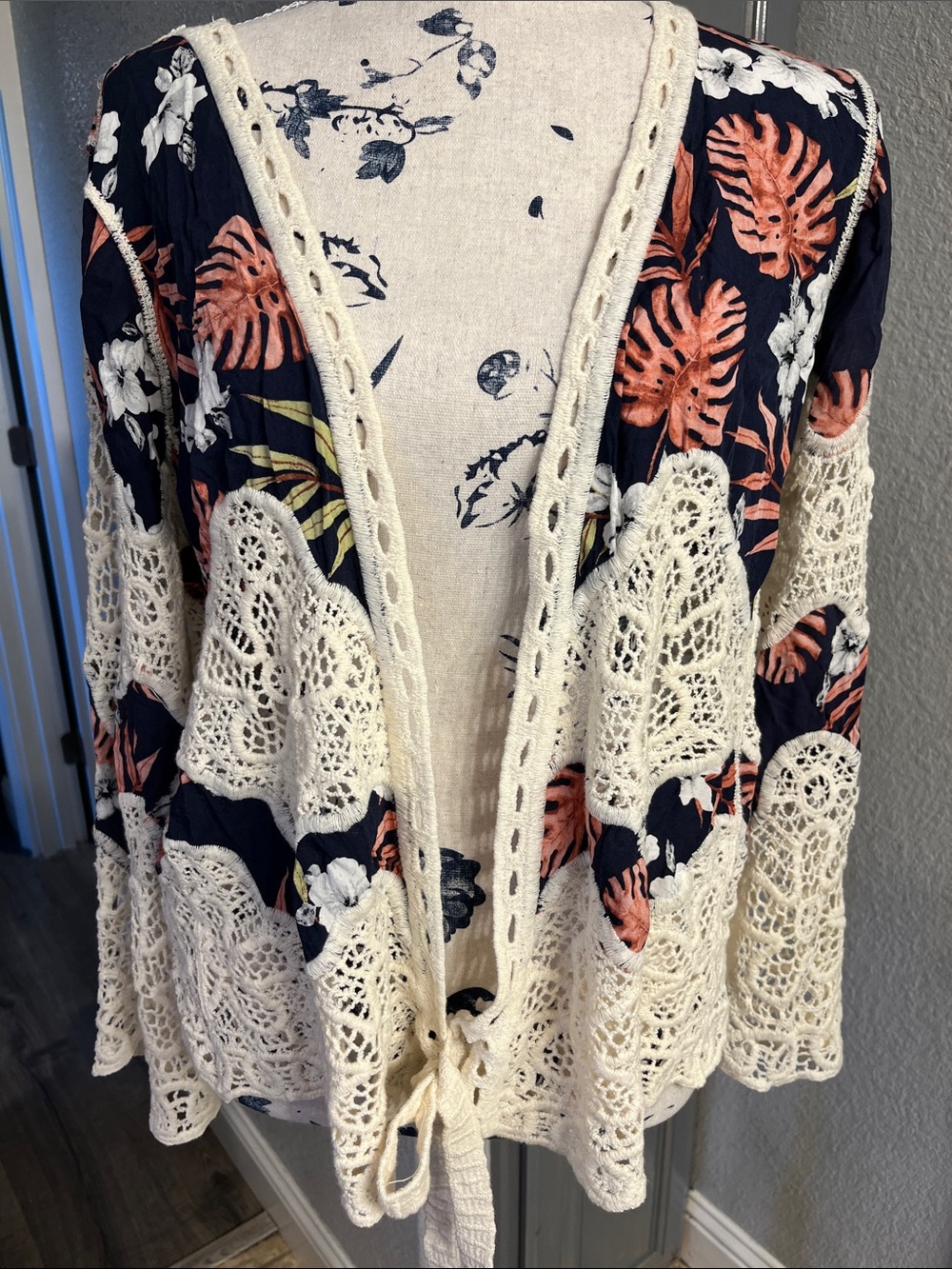 Crochet-Trim Open Front Cardigan Jacket - Navy, Cream & Coral